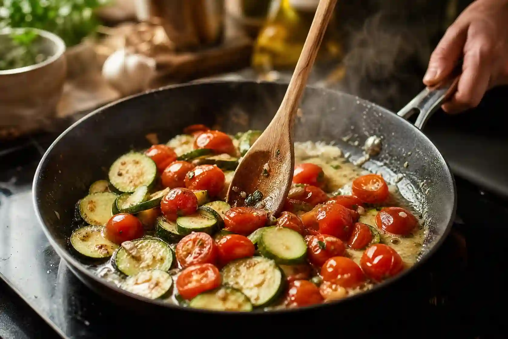 easy summer dinner recipes with garlic butter chicken in one pan,one-pan easy summer dinner recipes with zucchini and tomatoes,quick easy summer dinner recipes on a rustic wooden table
