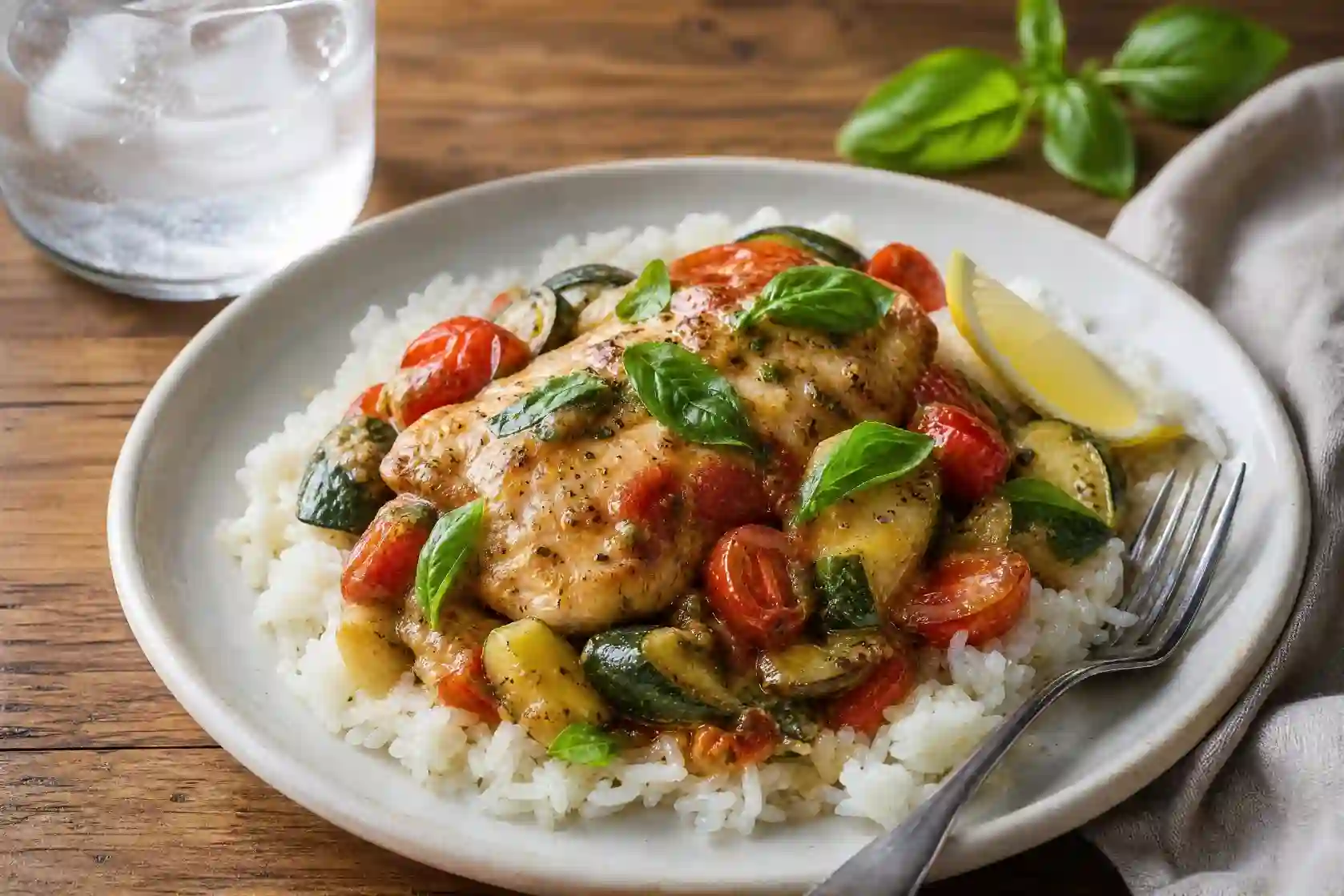 easy summer dinner recipes with garlic butter chicken in one pan,one-pan easy summer dinner recipes with zucchini and tomatoes,quick easy summer dinner recipes on a rustic wooden table