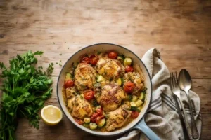 easy summer dinner recipes with garlic butter chicken in one pan,one-pan easy summer dinner recipes with zucchini and tomatoes,quick easy summer dinner recipes on a rustic wooden table