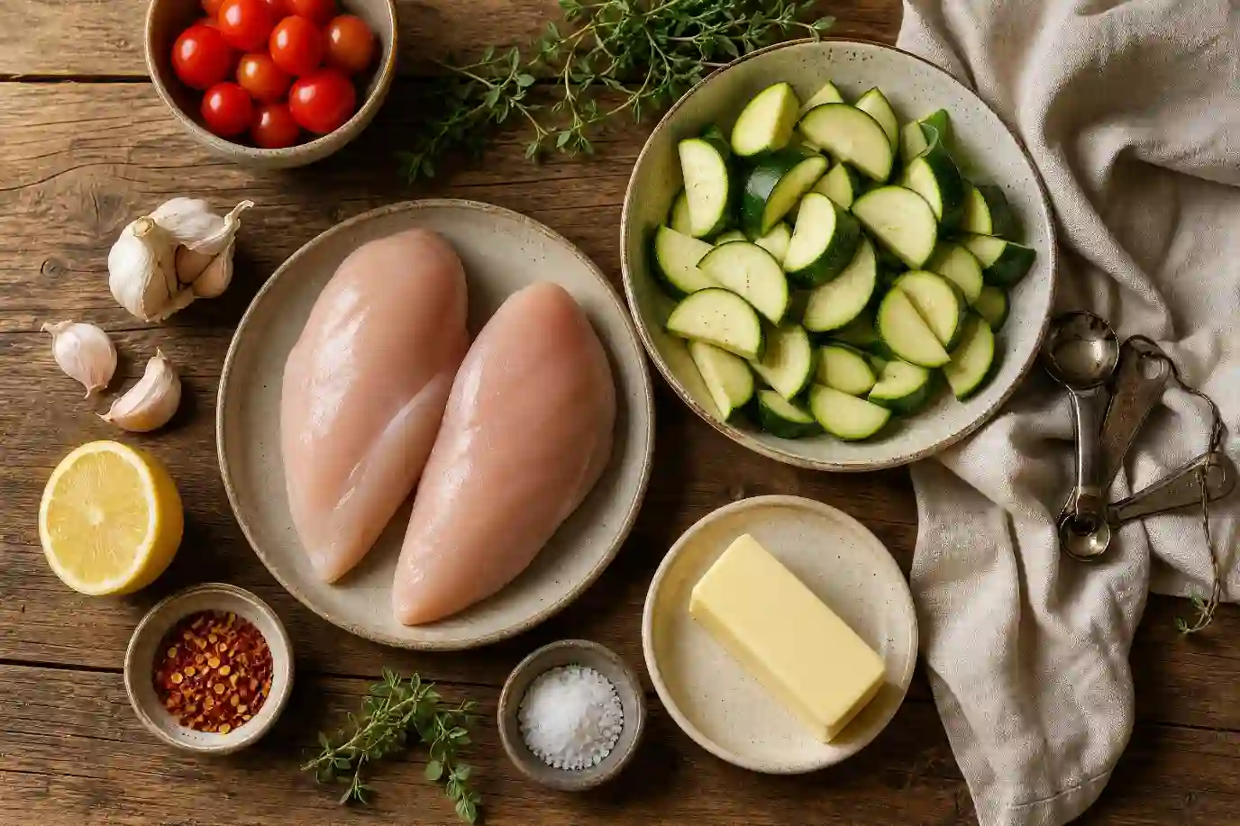 easy summer dinner recipes with garlic butter chicken in one pan,one-pan easy summer dinner recipes with zucchini and tomatoes,quick easy summer dinner recipes on a rustic wooden table