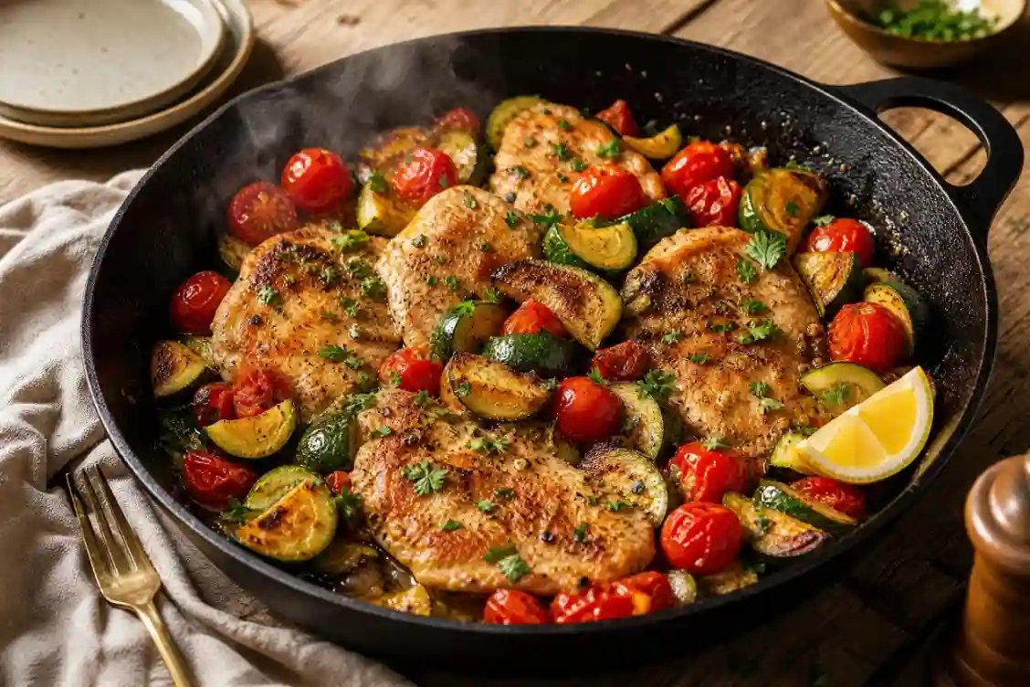 easy summer dinner recipes with garlic butter chicken in one pan,one-pan easy summer dinner recipes with zucchini and tomatoes,quick easy summer dinner recipes on a rustic wooden table