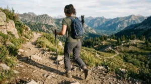 hiking outfit women layering on the trail, hiking outfit women wool socks and trail shoes