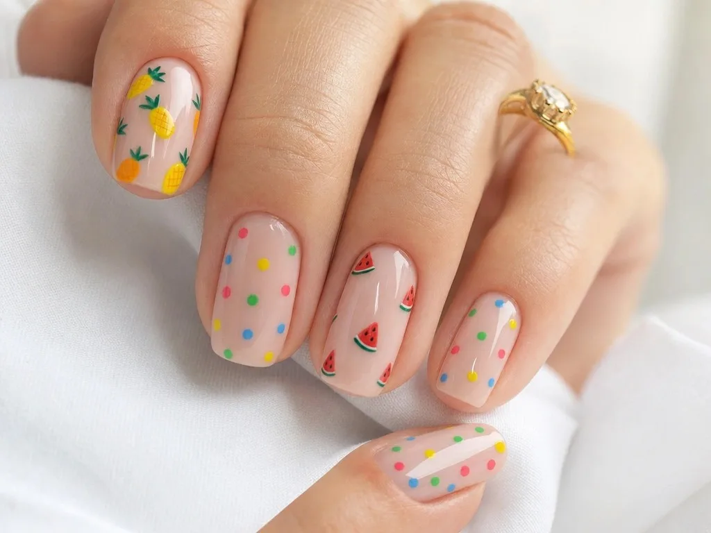 ongles été corail, nail art fleuri été, ongles été french colorée