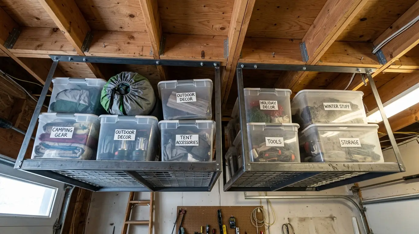 1. Overhead ceiling racks for the seasonal stuff