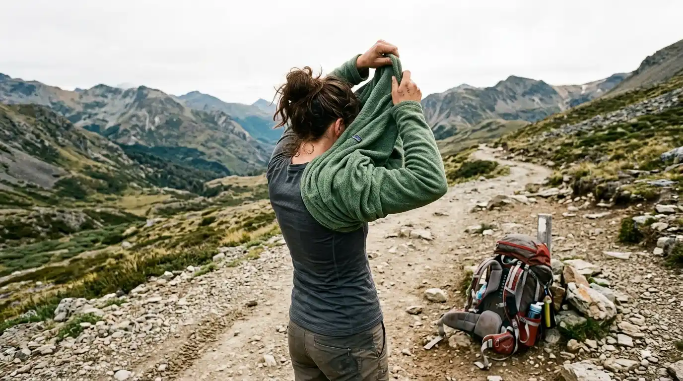 hiking outfit women layering on the trail, hiking outfit women wool socks and trail shoes