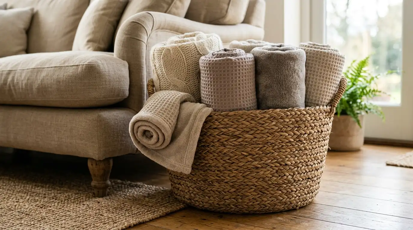 3. Large woven basket by the sofa