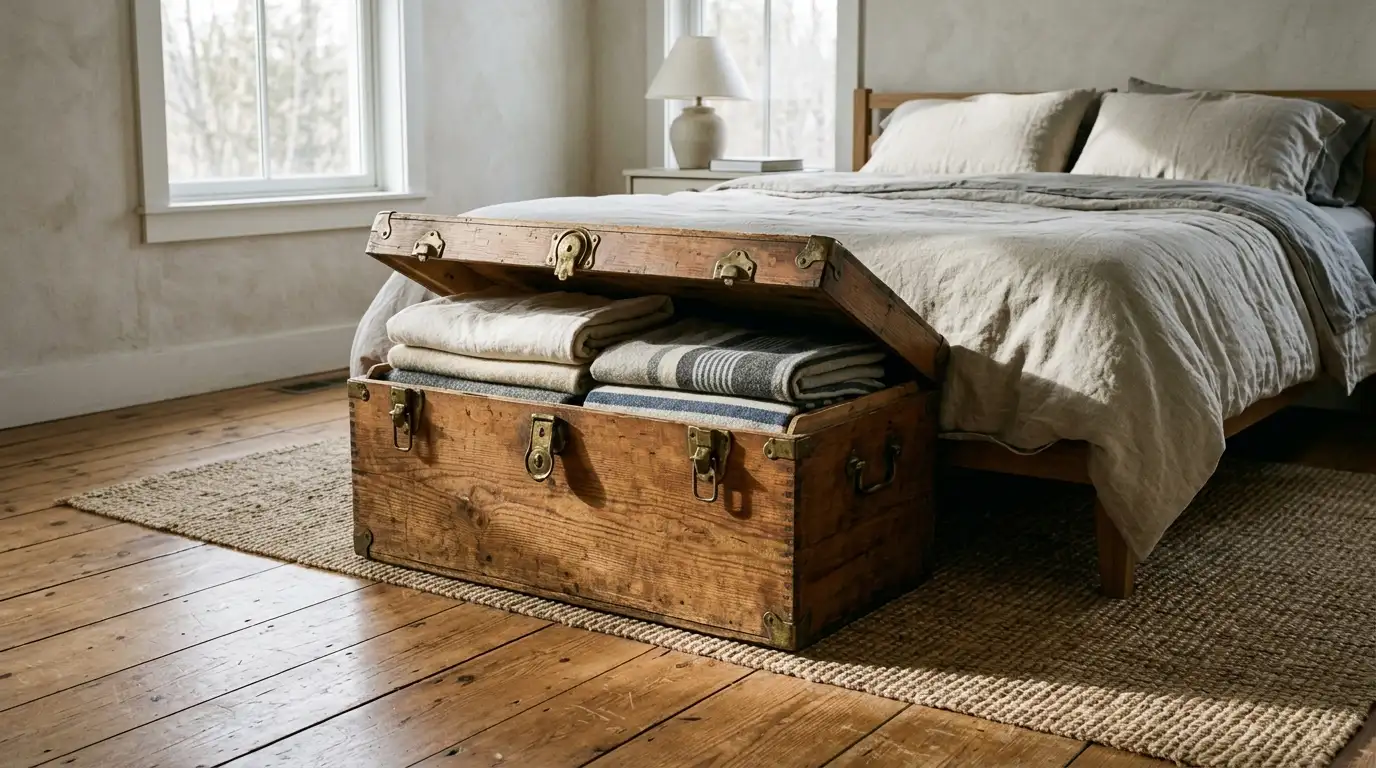 11. A trunk at the foot of the bed