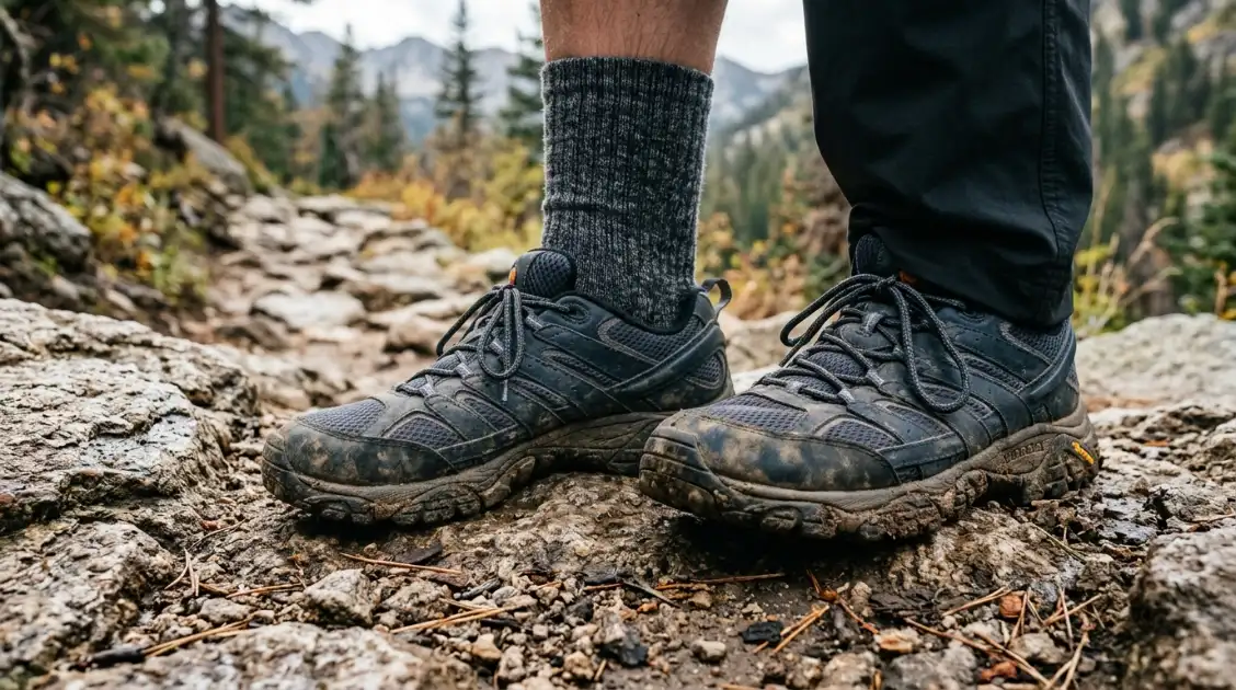 hiking outfit women layering on the trail, hiking outfit women wool socks and trail shoes