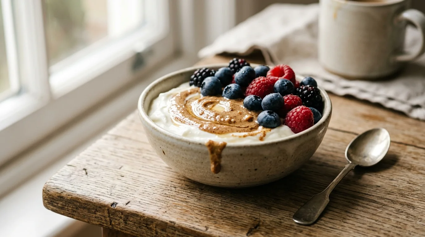 1. Greek yoghurt with berries and a spoon of nut butter