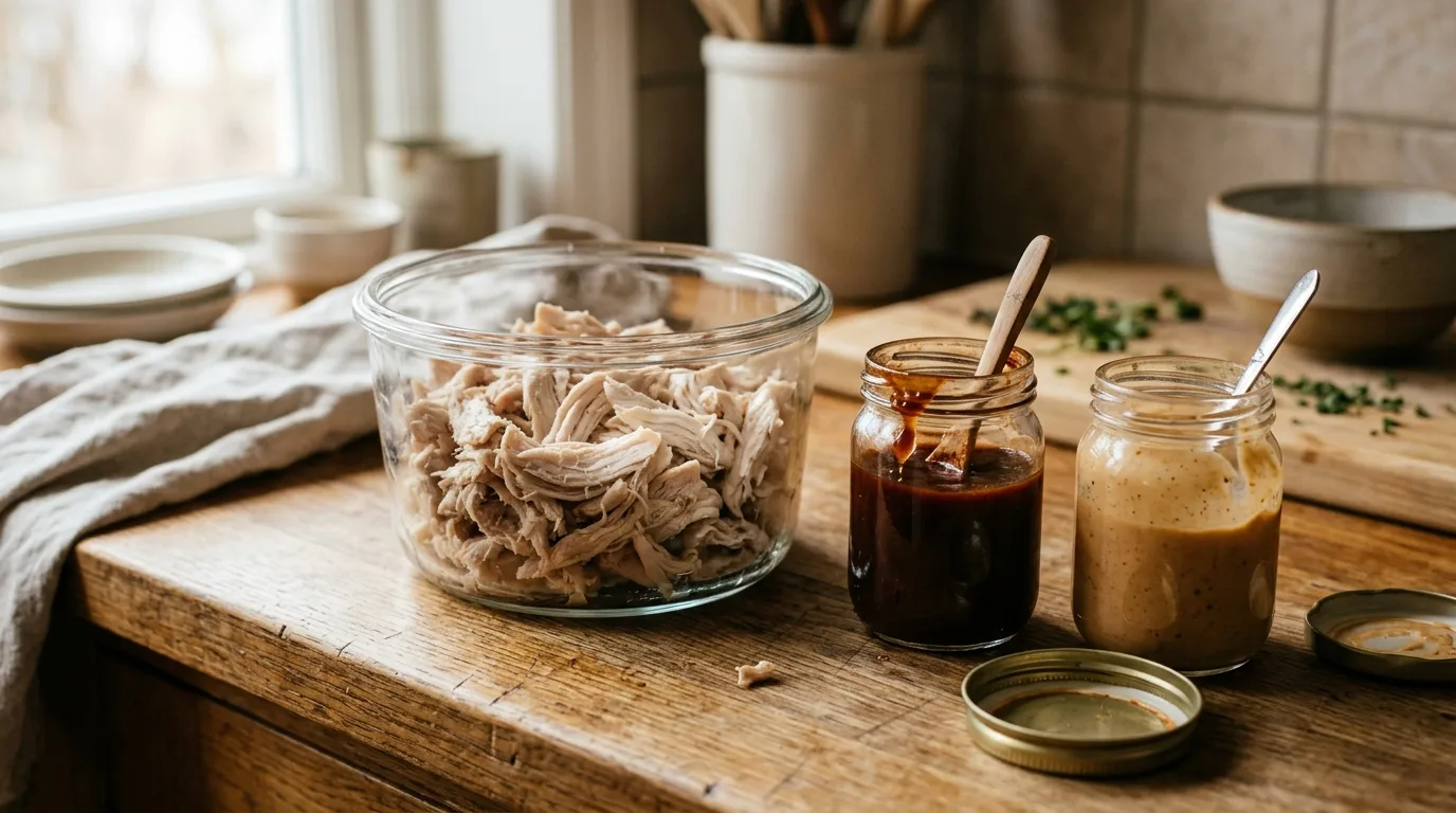 4. Shredded chicken with a sauce, kept separate